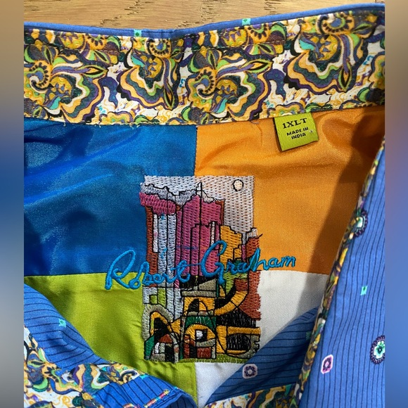Robert Graham Men's vibrant Blue bold Patterned long sleeve Shirt 1XLT EUC - Picture 2 of 5